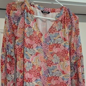 BTFBM Floral V-Neck Blouse - Pink and Blue